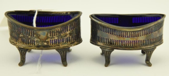 Lot 1231 - Silver plated master open salts with cobalt glass inserts