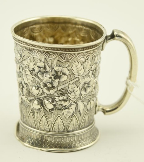 Lot 1232 - Early Gorham repousse sterling silver mug (3.7 ozt)