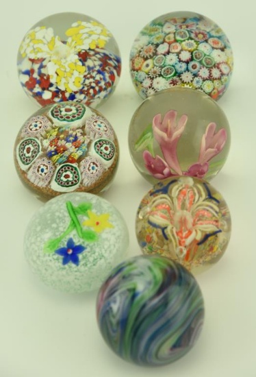 Lot 1251 - (7) Art glass paperweights: one by Gibson, 2 millefiori, etc.
