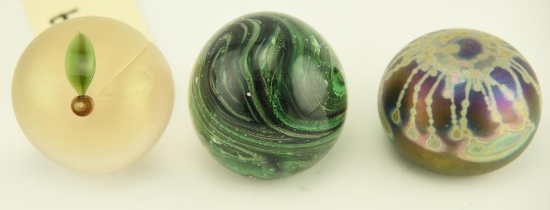 Lot 1272a - (3) Studio art glass paperweights: one with Kerry Glass Ireland label, one with mark