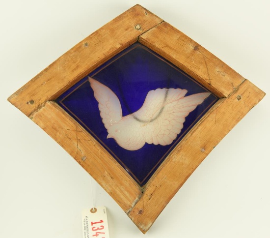 Lot 1343 - Stained glass window with painted scene of dove of peace on a blue background