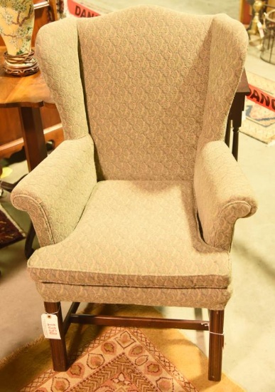 Lot 1350 - Antique wing chair with stretcher base: very clean upholstery  (41” in height, 27 ½”
