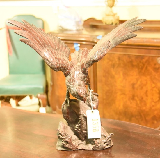Lot 1356 - Japanese bronzed cast iron statue of hawk with spread wings: excellent quality and