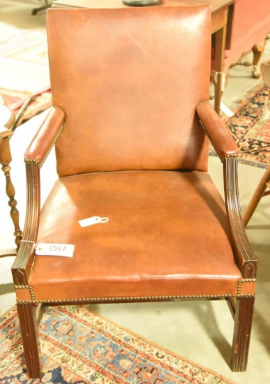 Lot 1547 - Leather upholstered & brass tacked arm chair (37 ½” in height, 29“ in width, and 29“