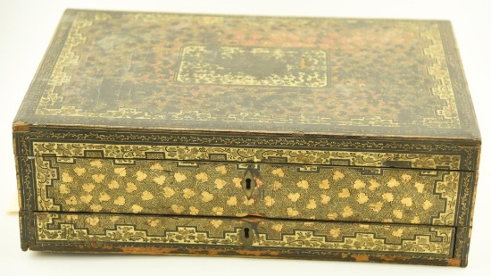 Lot 1550 - Early Chinese black and gold lacquered sewing or game box with lift top and drawer
