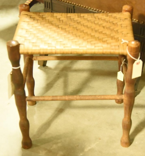 Lot 1554 - Turned wood stool with wicker seat (19” in height, 17” in width, and 12“ in depth)