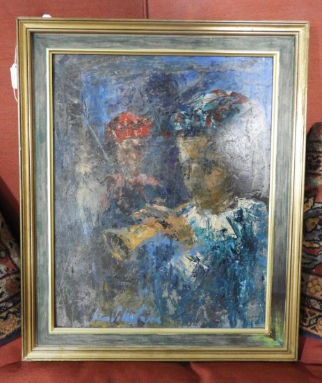 Lot 1568 - Oil on panel painting depicting 2 Harlequins playing instruments: signed illegibly