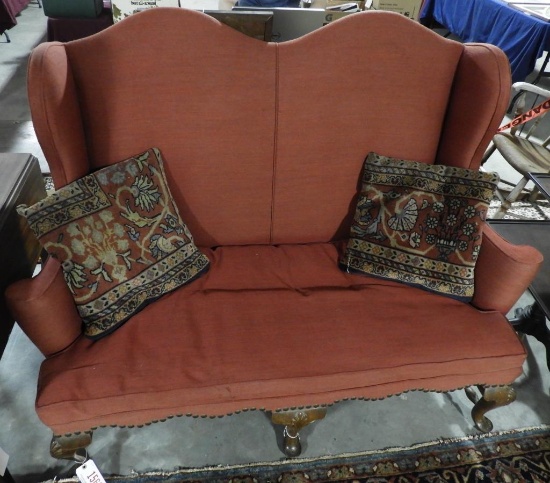 Lot 1569 - Queen Anne style centennial handmade wingback settee with turned stretcher base and