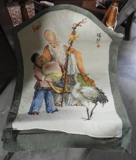 Lot 1574 - Pair of (2) needlepoint chair back covers depicting a scene with Shou Xing: made so