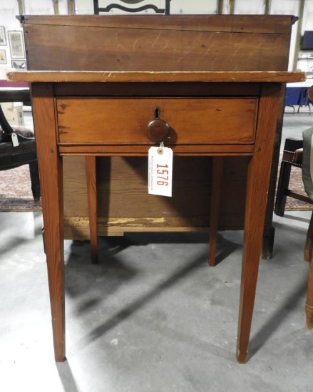 Lot 1576 - Antique single drawer pine work table: the interior of the drawer is fitted with its