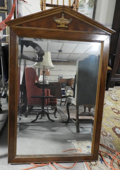 Lot 1591 - Large French style mirror with carved urn embellishment (49” x 32 ½”)