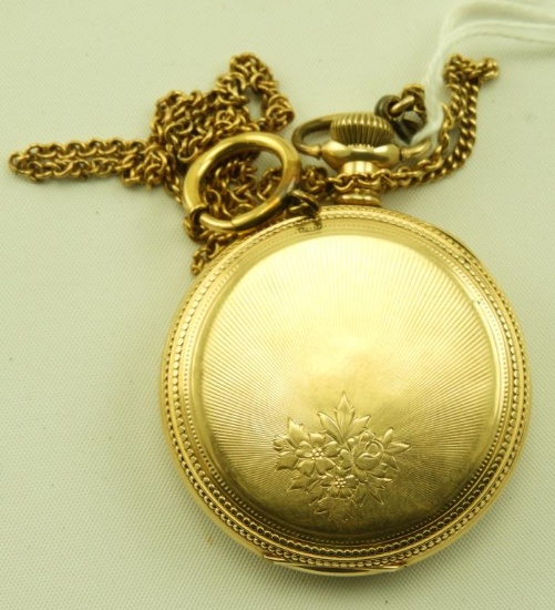 Lot 1635 - 14k gold cased Elgin pocket watch on gold filled chain: watch by itself (not including