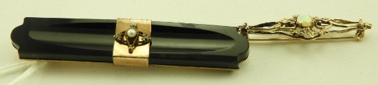Lot 1639 - 14k gold and opal bar pin along with a carved stone mourning brooch with gold filled