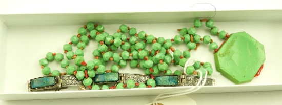 Lot 1640 - Jewelry lot: including an Art Deco Egyptian Revival glass beaded necklace, a sterlin