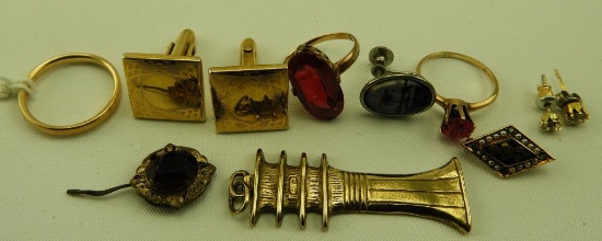 Lot 1642 - Jewelry lot consisting of a 14k ring with red stone, a 14k band, a 14k fraternity pin,