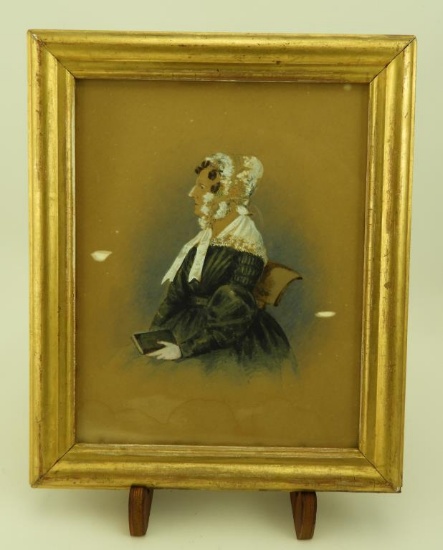 Lot 1649 - Small early 19thC watercolor portrait of woman holding a book: frame is sealed and