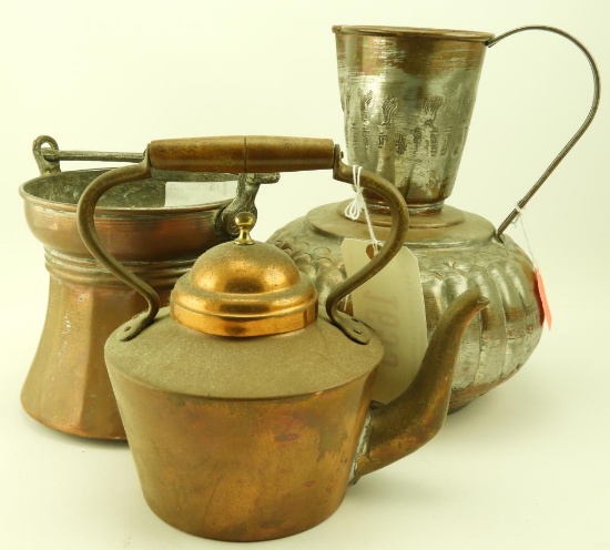 Lot 1655 - (3) Pieces of copper: a bucket, a pitcher, and an Italian tea kettle