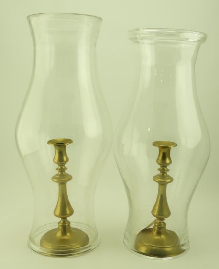 Lot 1658 - Pair of (2) 18thC English brass pushup candlesticks with glass hurricane globes