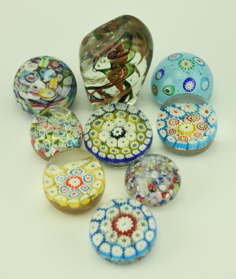 Lot 1668 - (9) Art glass paperweights: most are millefiori and one is signed