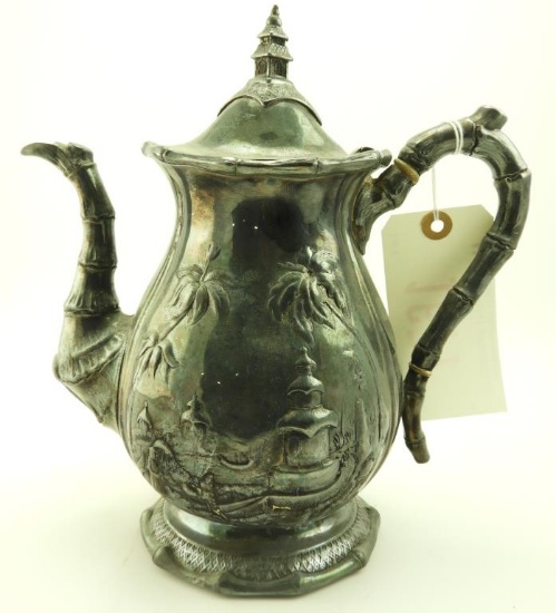 Lot 1677 - Early silverplated teapot with Chinoiserie decoration