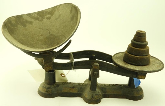 Lot 1678 - Old iron balance scale with weights and tray