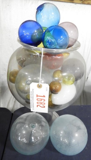 Lot 1682 - Glass leech jar full of glass target balls & floats: some are clear, aqua, amber, blue,