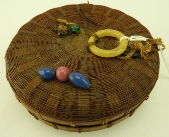 Lot 1689 - Chinese wicker sewing basket with glass embellishments