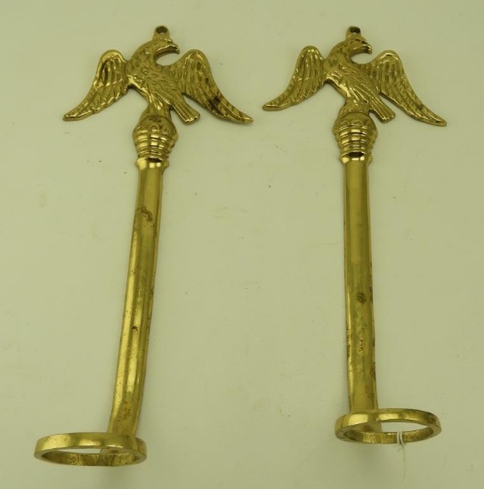 Lot 1692 - Signed brass eagle sconces with glass hurricane shades