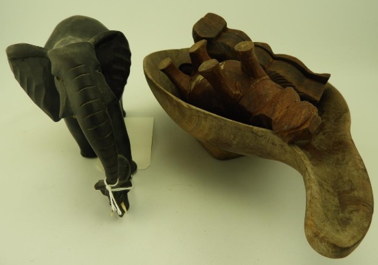 Lot 1701 - (5) Wood carvings: 3 elephants, a hippo, and a bowl