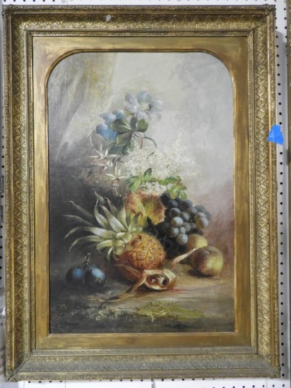 Lot 1717 - Antique oil on canvas still life 19thC painting depicting a pineapple, plums, grapes,