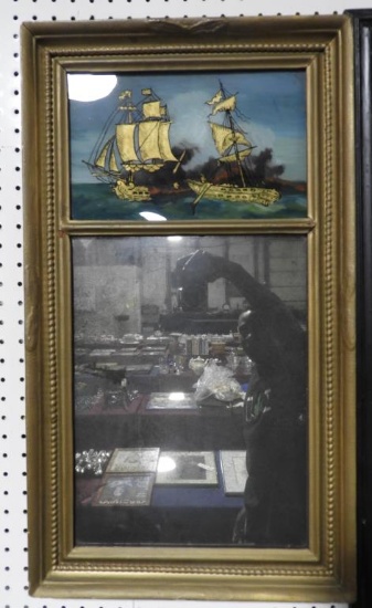 Lot 1719 - Antique mirror with eglomise panel in top depicting a battle at sea between 2 ships
