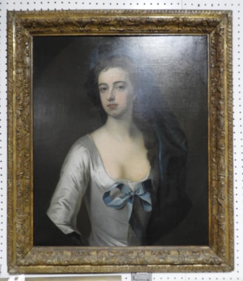 Lot 1721 - Antique mid 18thC oil painting of Lady North on canvas: in antique carved & gilt frame