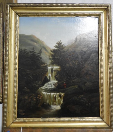 Lot 1722 - Antique Connecticut Valley oil painting on canvas depicting a man fishing at the bottom