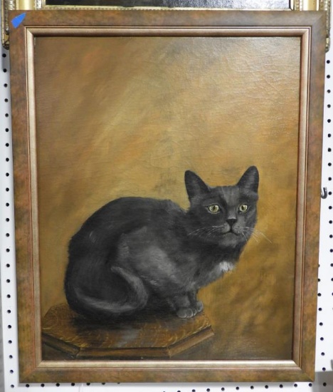 Lot 1723 - Oil painting on canvas late 19thC portrait depicting a grey cat on a tiger oak table: