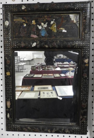 Lot 1726 - Antique Chinese lacquered mirror inlaid with bone, stone, abalones, etc. (22” x 14”)