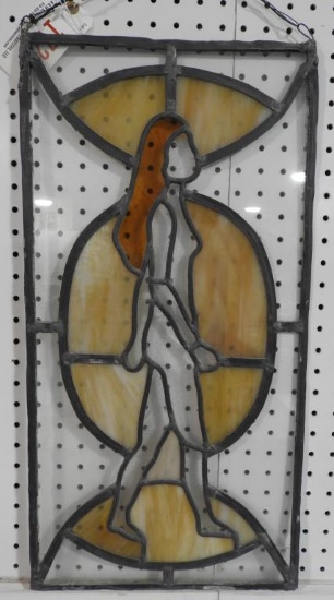 Lot 1728 - Old leaded stained glass panel of nude woman