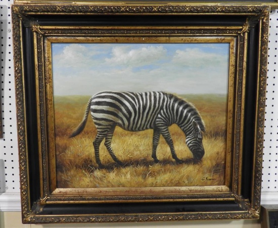 Lot 1730 - Oil painting on canvas of grazing zebra signed C. Kramer (32 ½” x 28 ½”)