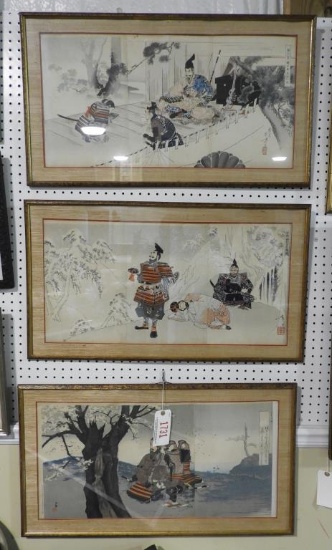 Lot 1731 - (3) outstanding 19thC signed Japan ese triptych woodblock prints: framed and matted