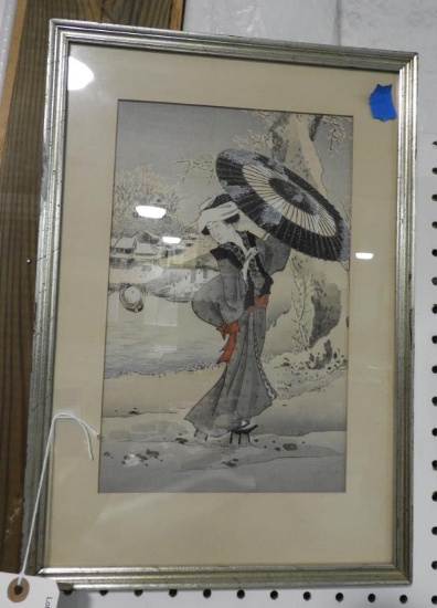 Lot 1732 - Old Japanese woodblock print: framed & matted (16 ½” x 11”)