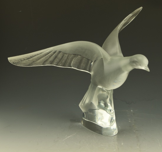 Lalique Crystal Dove with mirrored stand and under light box.  Dove measures 17"x9"