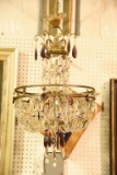 Lot 1344 - Antique French bronze & brass chandelier with amethyst and clear crystal prisms: