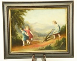 Lot 1352 - Dated 1865 farming scene oil painting on canvas titled “Origin of the Plow” and signed