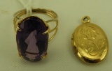 Lot 1611 - 14k gold ring with purple stone along with a gold filled locket