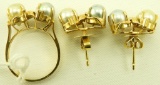 Lot 1630 - 14k yellow gold ring & earring set: mounted with pearls & diamonds: weight of 7.1dwt