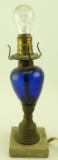 Lot 1685 - Unusual  early fluid lamp with cobalt font and marble base: converted to electricity