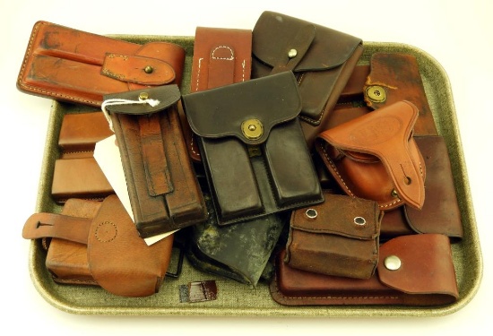 Assortment of Approx. 14 Military Leather Clip holsters, Ammo hosters, leather knife sheath, 1
