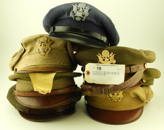 6 US Army Peaked Officer Hats - Olive Drab, Tan & Navy Blue. Most made by Bancroft Military Caps.