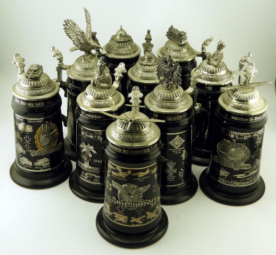 Set of 10 WW-Team Ltd Edition German military theamed beer steins with pewter finials. All