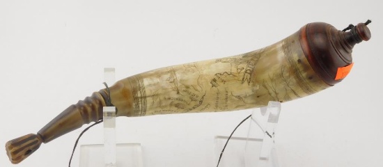 Scrimshaw decorated powder horn depicting map of Cherokee Indian territories    