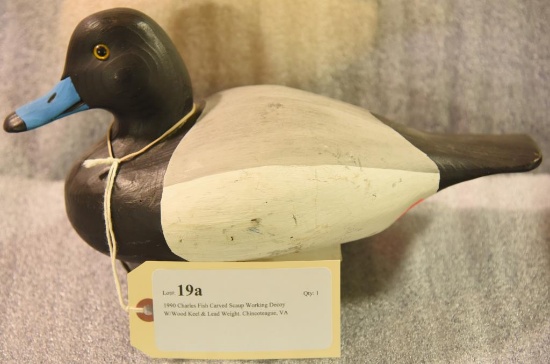 1990 Charles Fish Carved Scaup Working Decoy W/Wood Keel & Lead Weight. Chincoteague, VA